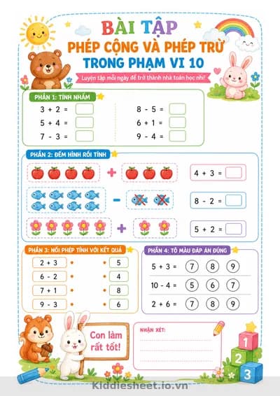 Worksheet Toán Lớp 1 – Bài Tập Phép Cộng Và Phép Trừ Trong Phạm Vi 10 Miễn Phí