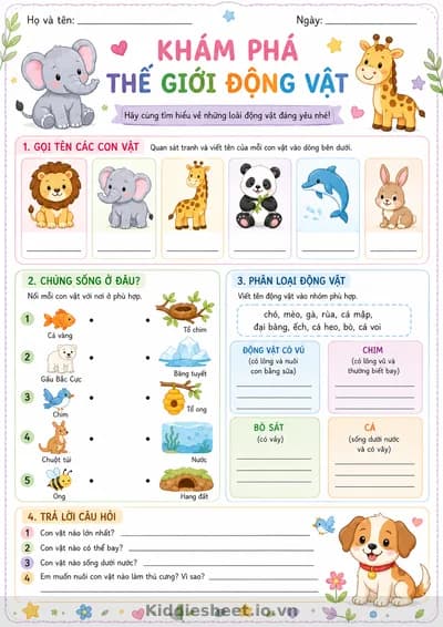 Worksheet Tiếng Việt: Khám Phá Thế Giới Động Vật Cho Trẻ Mầm Non Và Lớp 1 (File In A4 Miễn Phí)